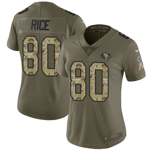 Nike 49ers #80 Jerry Rice Olive/Camo Women's Stitched NFL Limited Salute to Service Jersey
